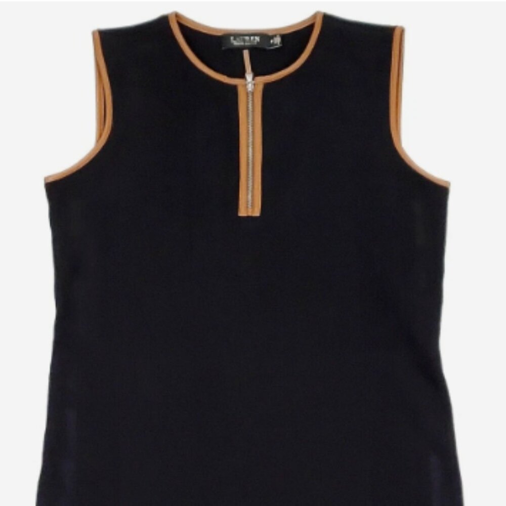 LRL Ralph Lauren Womens XS Black Knit Evening DRESS Faux Brown Leather Trim